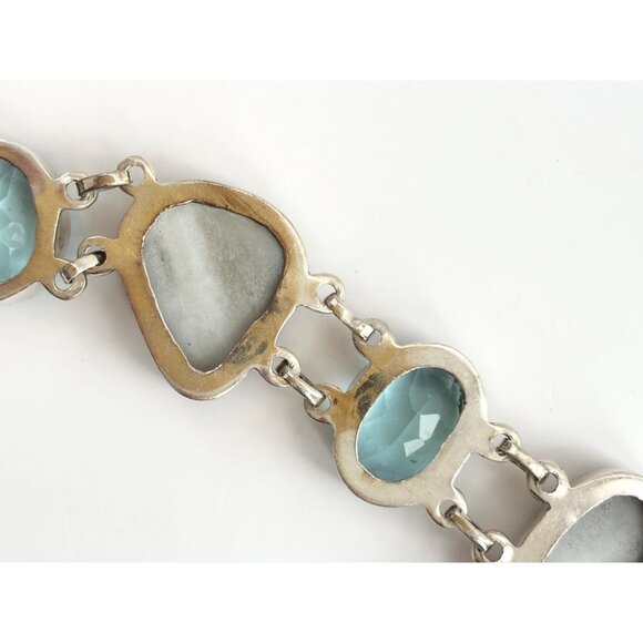 Blue Gemstone & Jasper Chainlink Silver Toned Chunky Vintage Tennis Bracelet - Picture 10 of 14